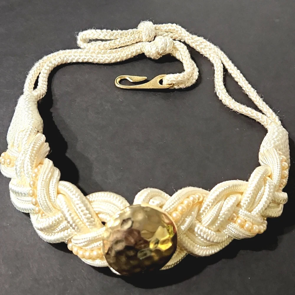 Vintage Elegant Ivory Hammered Gold Satin Braided Belt With Pearl Detail Large